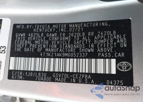 2021 Toyota Camry Xse V6 z USA, uszkodzony, nr VIN 4T1KZ1AK9MU052337